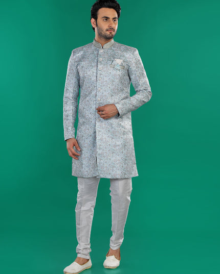 Sky Blue Mens Semi Indowestern Outfit For Wedding