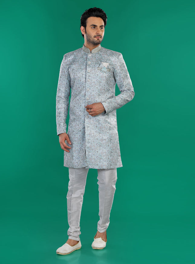 Sky Blue Mens Semi Indowestern Outfit For Wedding