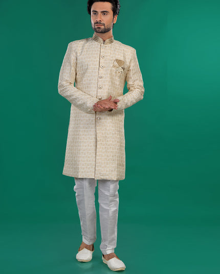 Cream Mens Semi Indowestern Outfit For Wedding
