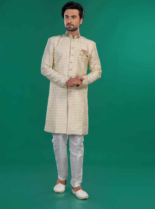 Cream Mens Semi Indowestern Outfit For Wedding