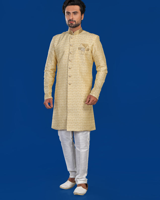 Yellow Mens Semi Indowestern Outfit For Wedding