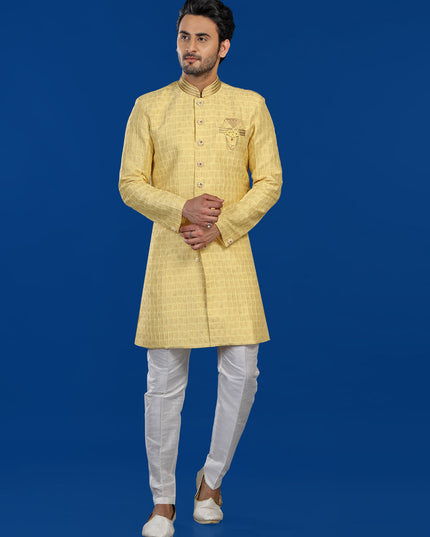 Yellow Mens Semi Indowestern Outfit For Wedding