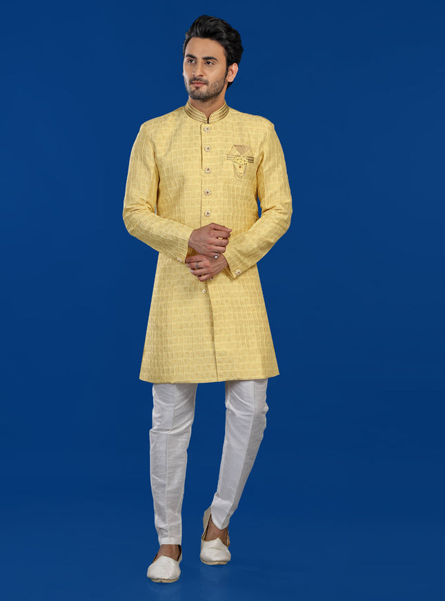 Yellow Mens Semi Indowestern Outfit For Wedding