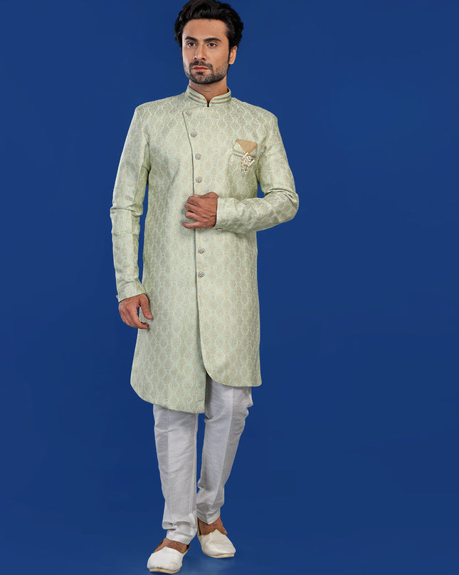 Pista Green Mens Semi Indowestern Outfit For Wedding
