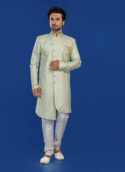 Pista Green Mens Semi Indowestern Outfit For Wedding