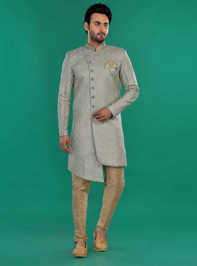 Grey Mens Semi Indowestern Outfit For Wedding