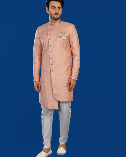 Peach Mens Semi Indowestern Outfit For Wedding