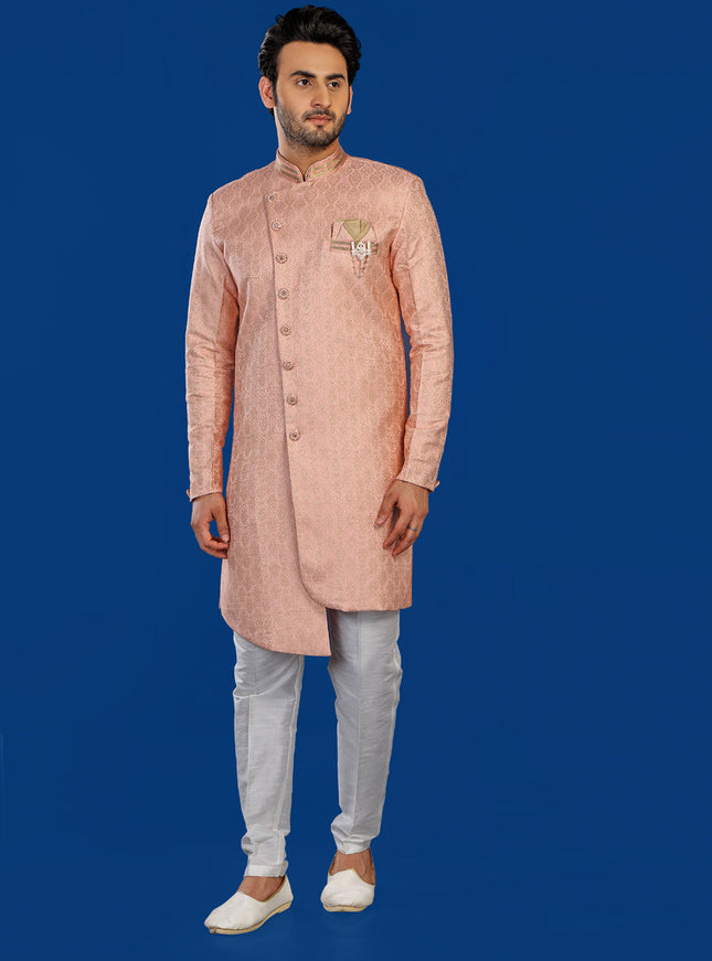 Peach Mens Semi Indowestern Outfit For Wedding