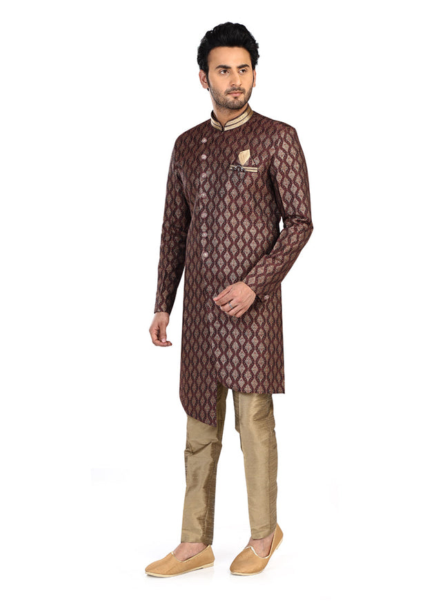 Wine Mens Semi Indowestern Outfit For Wedding