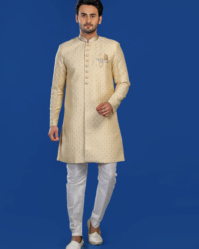 Beige Mens Semi Indowestern Outfit For Wedding