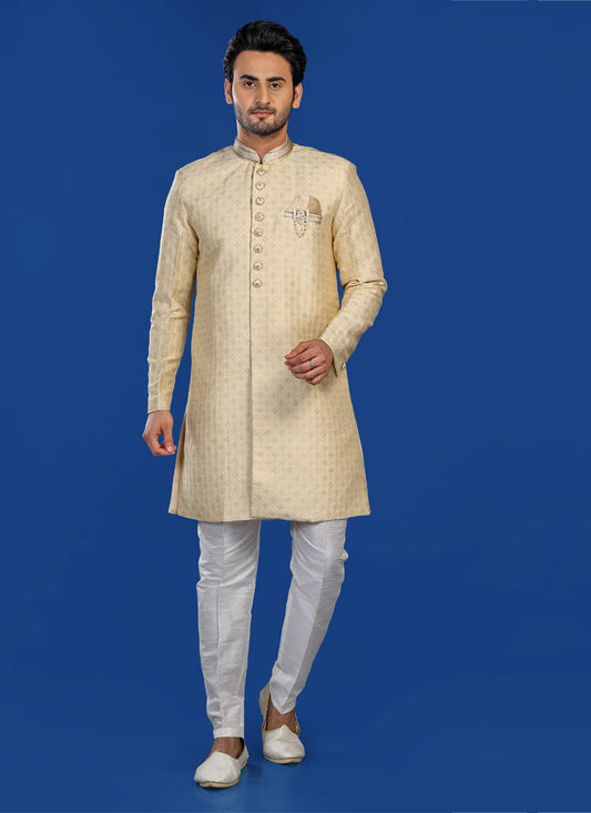 Beige Mens Semi Indowestern Outfit For Wedding