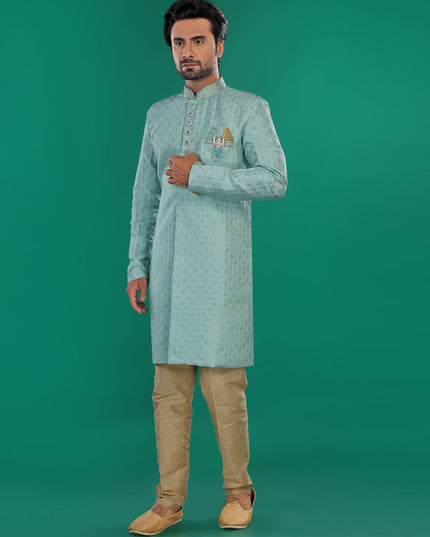 Sky Blue Mens Semi Indowestern Outfit For Wedding
