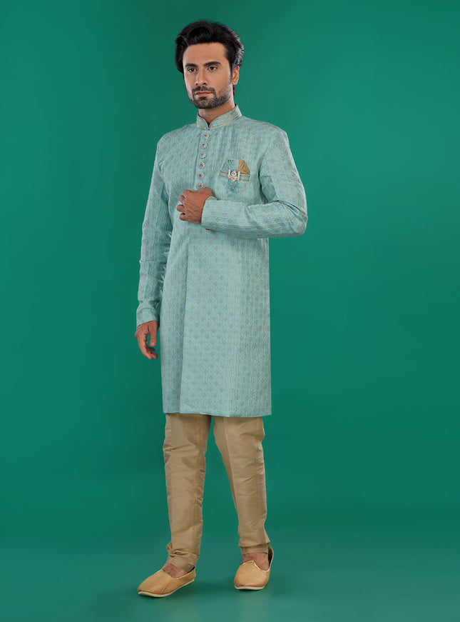 Sky Blue Mens Semi Indowestern Outfit For Wedding