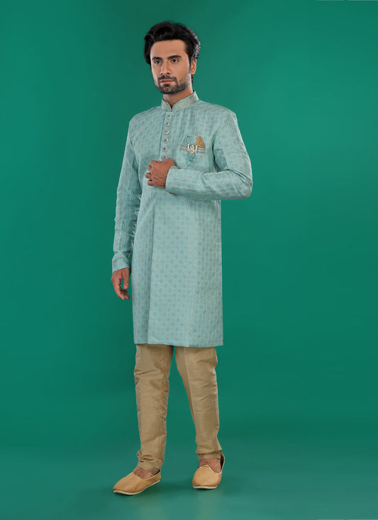 Sky Blue Mens Semi Indowestern Outfit For Wedding