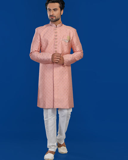 Peach Mens Semi Indowestern Outfit For Wedding