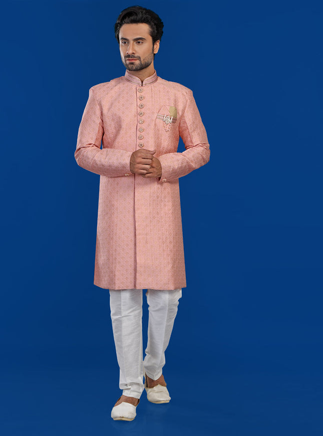 Peach Mens Semi Indowestern Outfit For Wedding