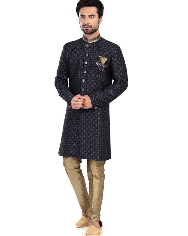 Navy Blue Mens Semi Indowestern Outfit For Wedding