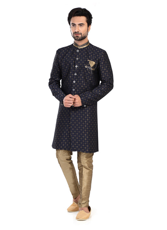 Navy Blue Mens Semi Indowestern Outfit For Wedding