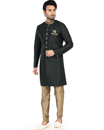Bottle Green Mens Semi Indowestern Outfit For Wedding