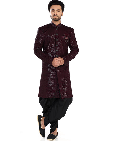 Wine Mens Semi Indowestern Outfit For Wedding
