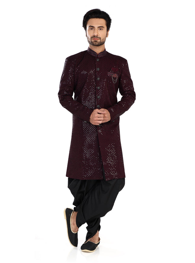 Wine Mens Semi Indowestern Outfit For Wedding