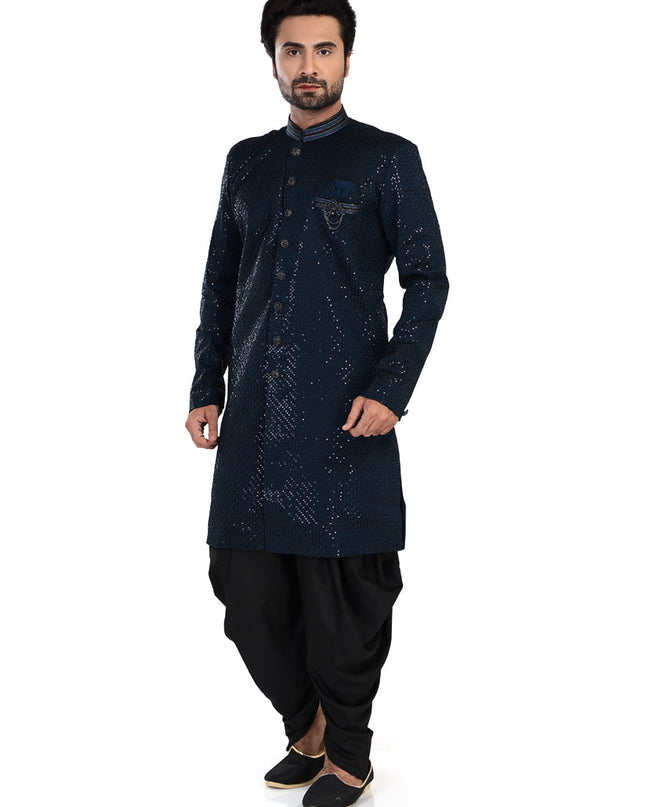 Navy Blue Mens Semi Indowestern Outfit For Wedding