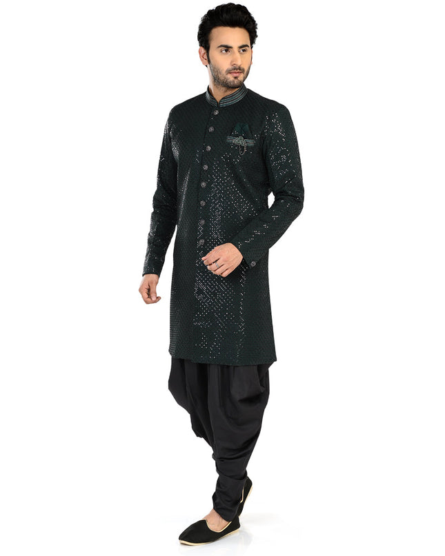 Bottle Green Mens Semi Indowestern Outfit For Wedding