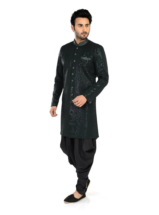 Bottle Green Mens Semi Indowestern Outfit For Wedding