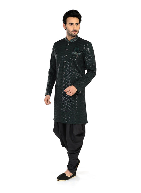 Bottle Green Mens Semi Indowestern Outfit For Wedding