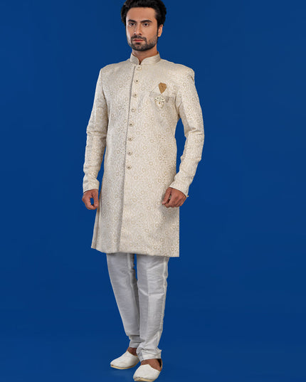 Cream Mens Semi Indowestern Outfit For Wedding