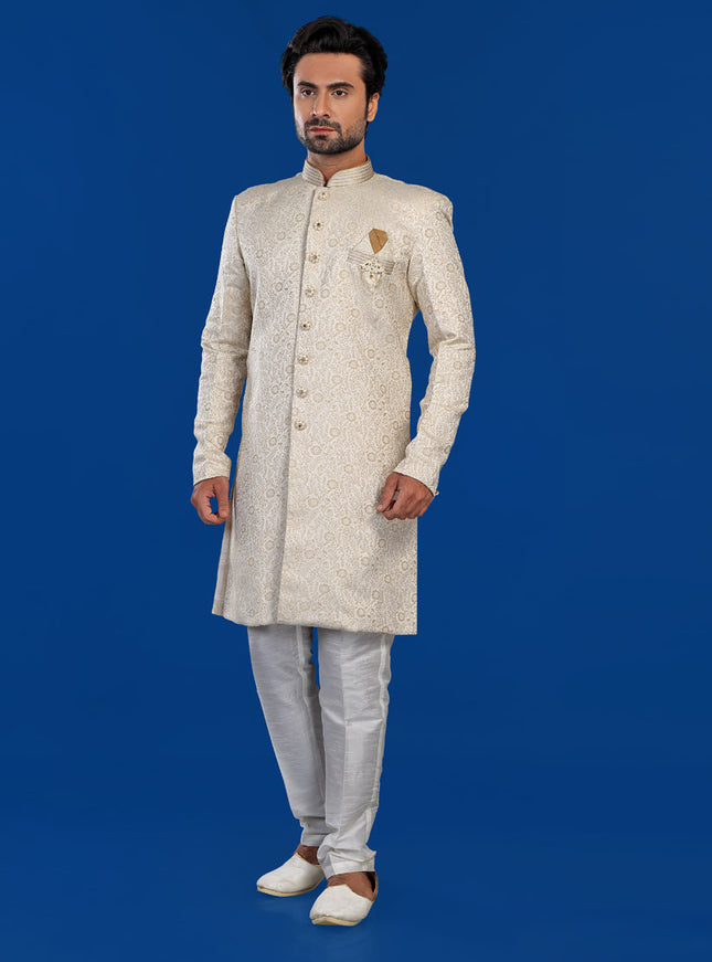 Cream Mens Semi Indowestern Outfit For Wedding