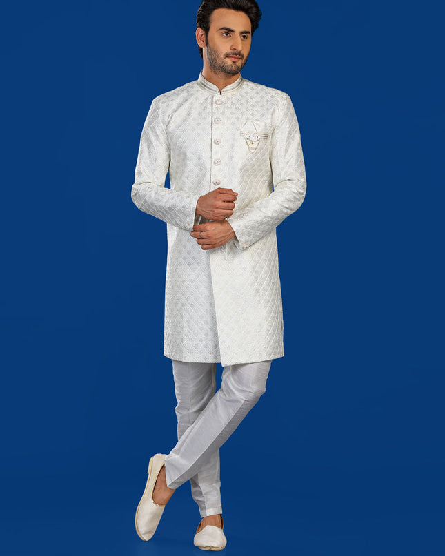 White Mens Semi Indowestern Outfit For Wedding