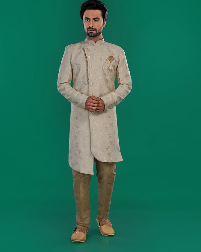 Cream Mens Semi Indowestern Outfit For Wedding