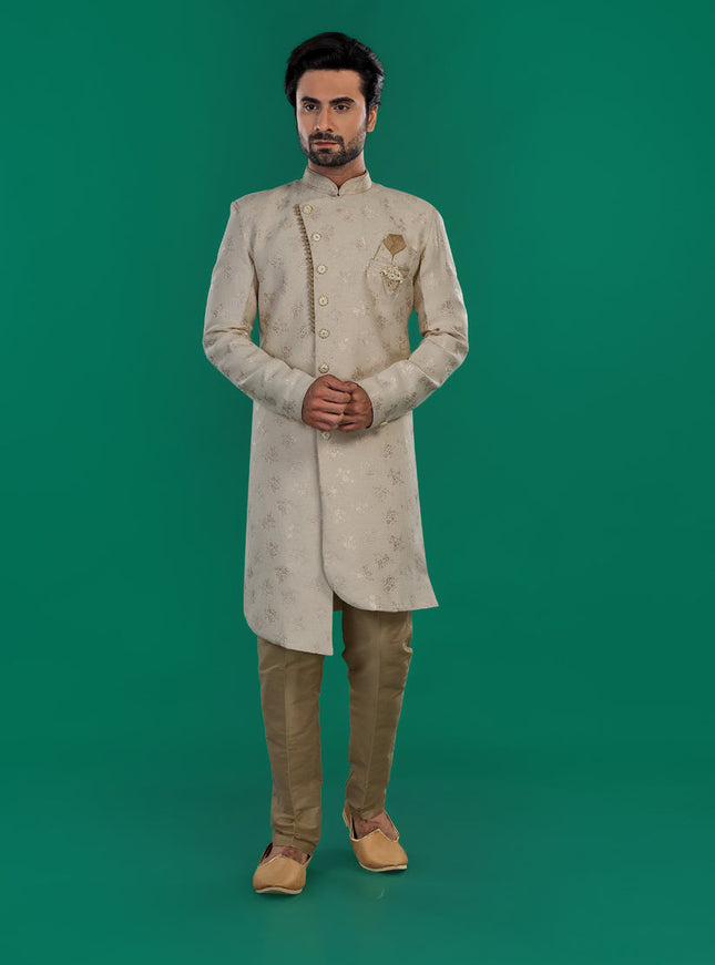 Cream Mens Semi Indowestern Outfit For Wedding