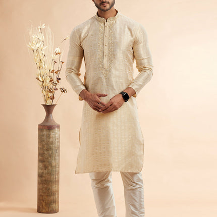 Cream Jacquard Art Silk Embroidered Kurta Pajama Set