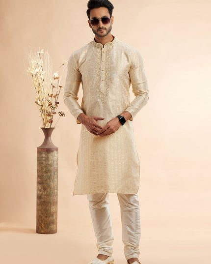 Cream Jacquard Art Silk Embroidered Kurta Pajama Set