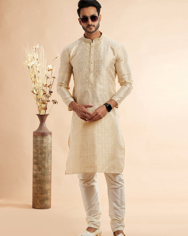 Cream Jacquard Art Silk Embroidered Kurta Pajama Set