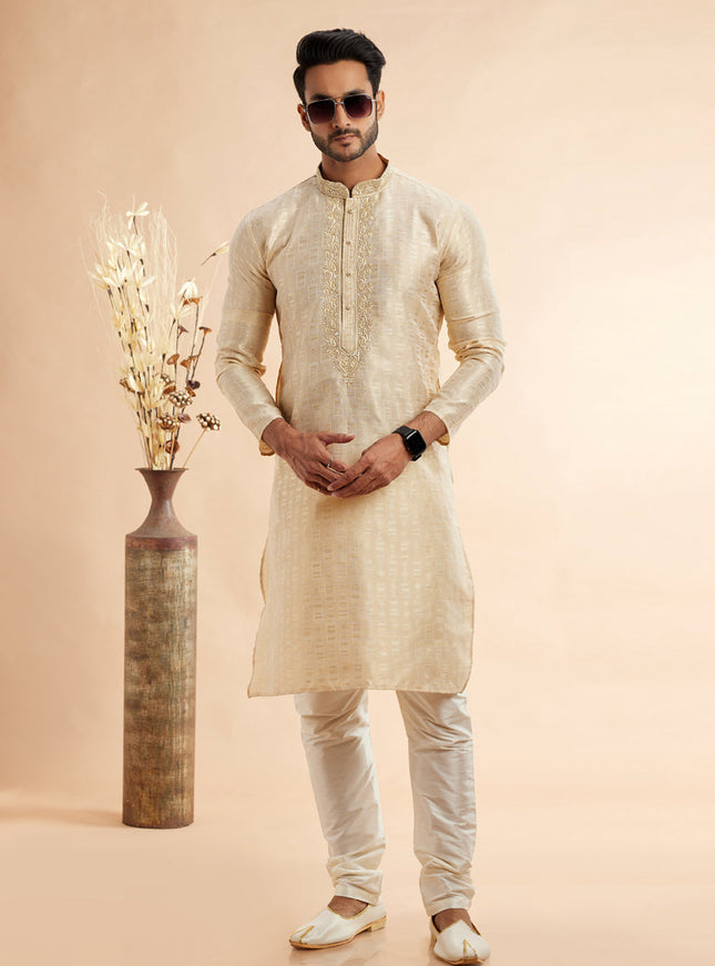 Cream Jacquard Art Silk Embroidered Kurta Pajama Set