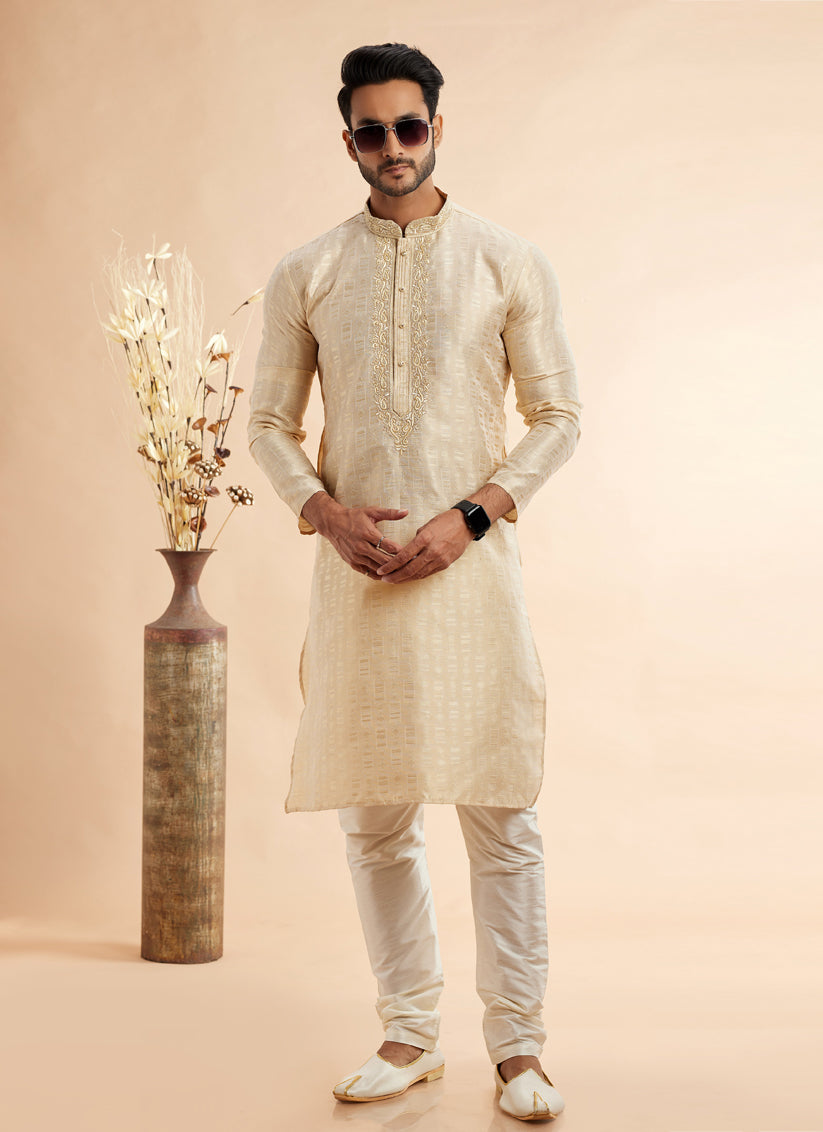 Cream Jacquard Art Silk Embroidered Kurta Pajama Set