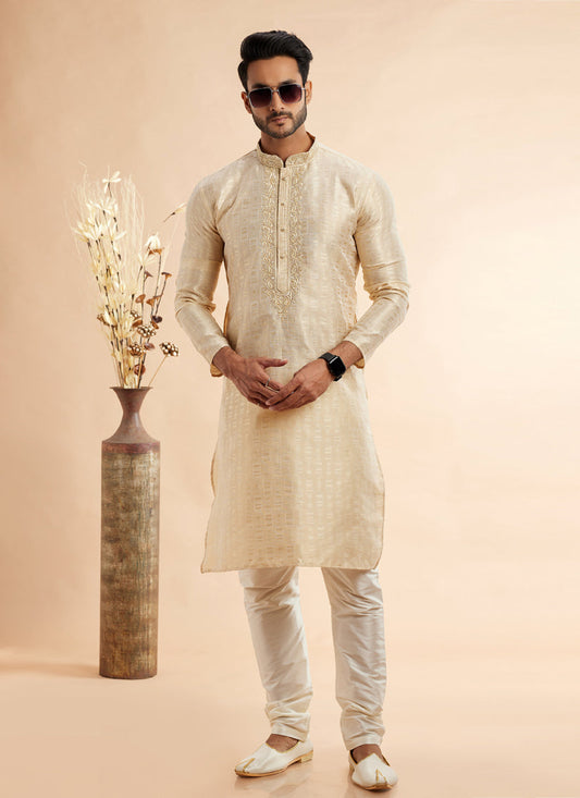 Cream Jacquard Art Silk Embroidered Kurta Pajama Set