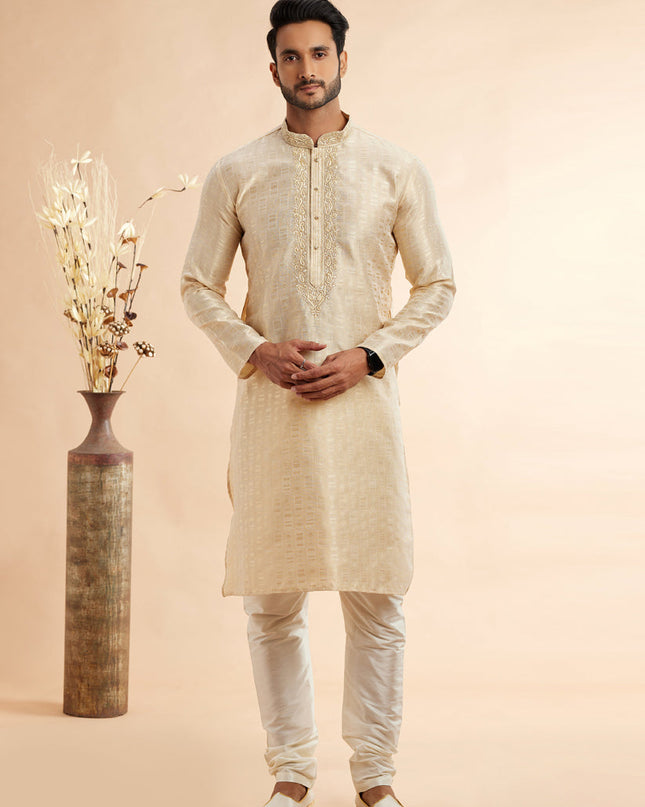 Cream Jacquard Art Silk Embroidered Kurta Pajama Set