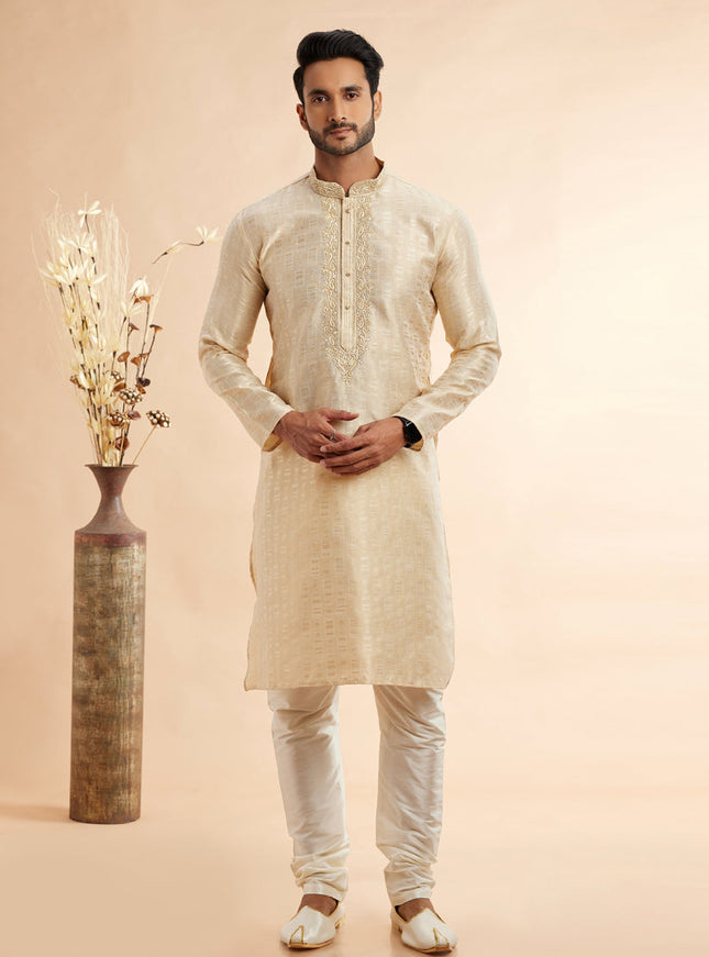 Cream Jacquard Art Silk Embroidered Kurta Pajama Set