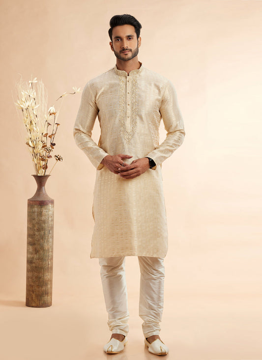 Cream Jacquard Art Silk Embroidered Kurta Pajama Set
