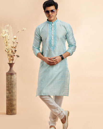 Ice Blue Jacquard Art Silk Embroidered Kurta Pajama Set