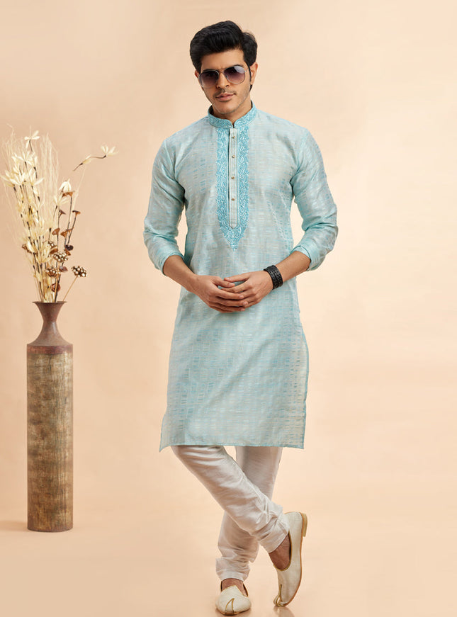 Ice Blue Jacquard Art Silk Embroidered Kurta Pajama Set