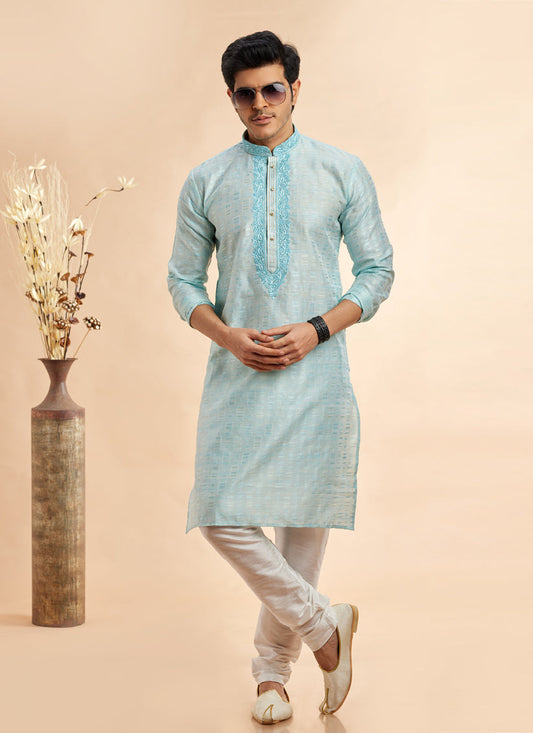 Ice Blue Jacquard Art Silk Embroidered Kurta Pajama Set