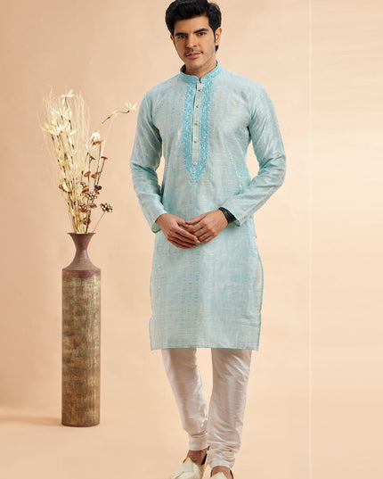 Ice Blue Jacquard Art Silk Embroidered Kurta Pajama Set