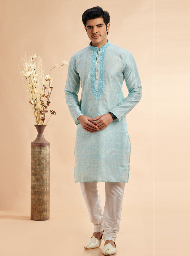 Ice Blue Jacquard Art Silk Embroidered Kurta Pajama Set