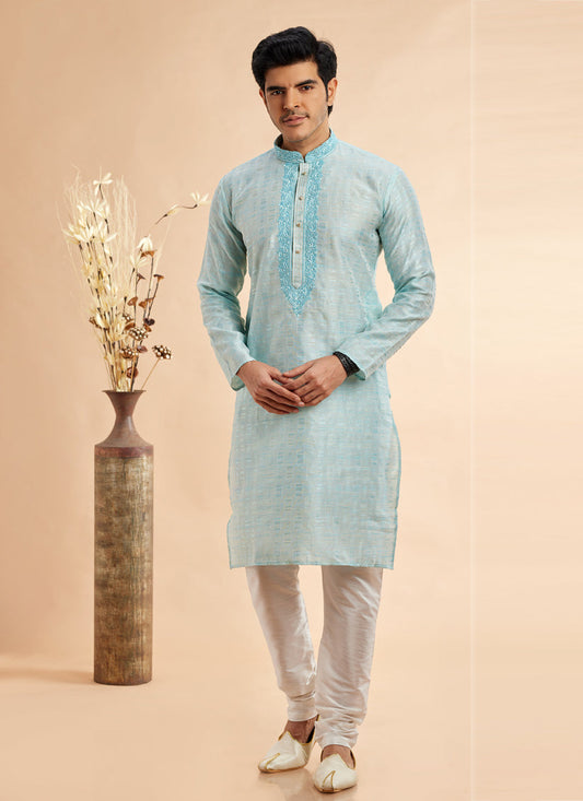 Ice Blue Jacquard Art Silk Embroidered Kurta Pajama Set