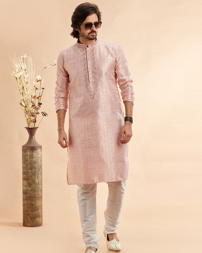 Blush Peach Jacquard Art Silk Embroidered Kurta Pajama Set